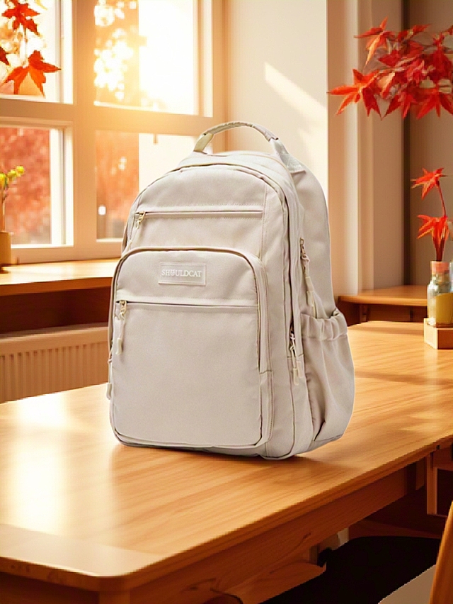 简约背包置于木质桌旁，阳光洒落，营造清新舒适氛围。