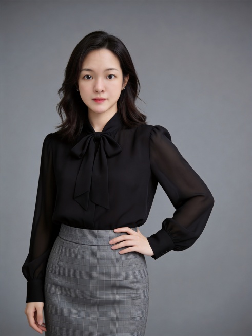 参考第一张图保留人物脸型､发型､年龄等特征生成职场形象照,参考第二张图人物占位和比例,标准焦段 50mm,f/4 光圈 (f/2.8-f/4 区间), 平视视角 (镜头与人物视线齐平); 人物占画面预览效果