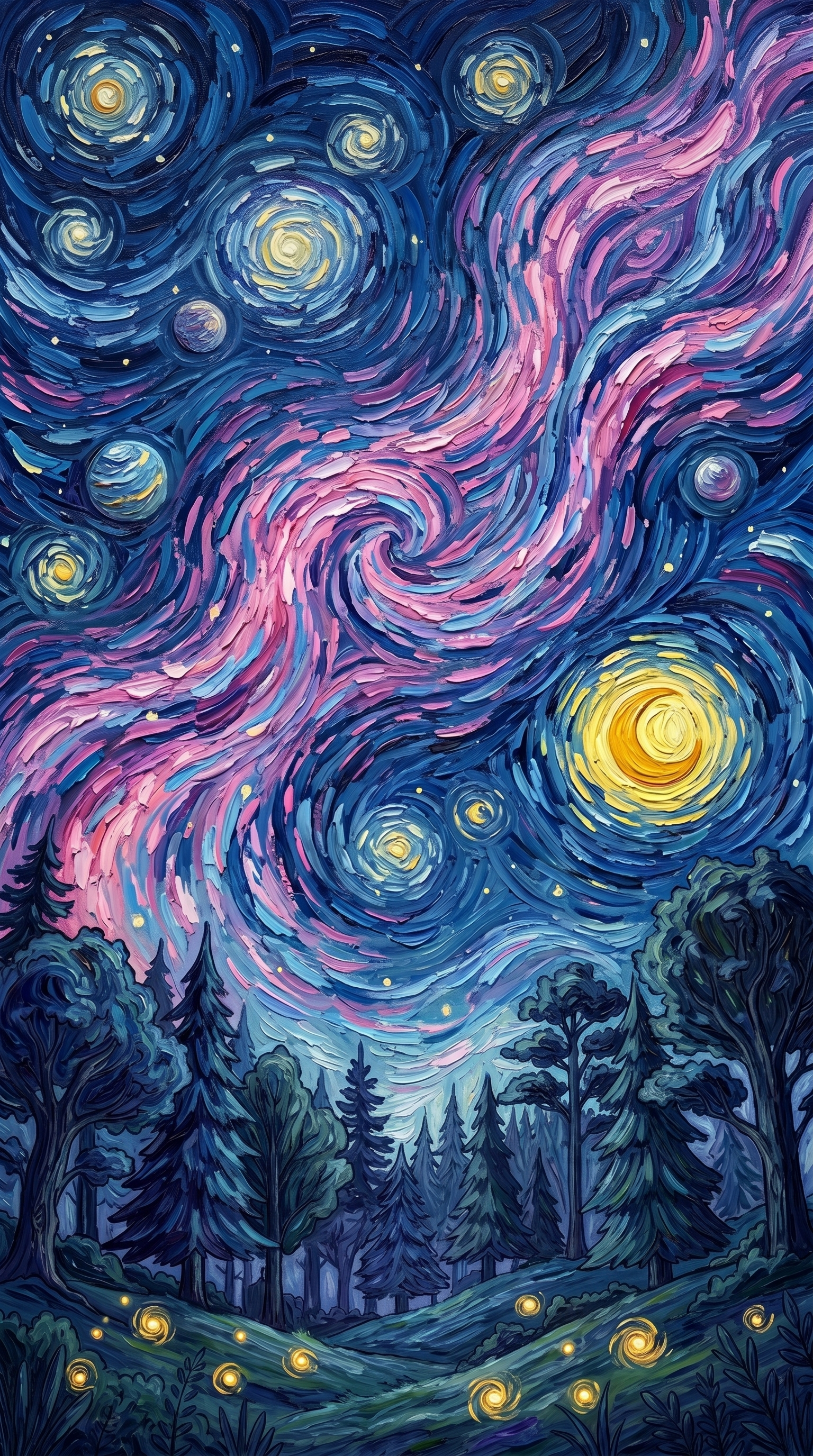 夜晚星空森林，梵高星月夜油画风格，厚涂笔触，浓烈旋转的星空色彩… - 图片创意预览
