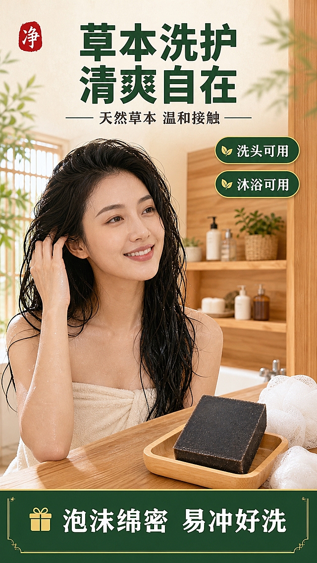 [商品] 使用【图1 https://gdesign-dam-hz.dancf.com/37927571219137635/09a92d193f964d6ab5bdc2d267d3bc97.png?x-oss-process=image/resize,l_3000,image/crop,w_3000,h_3000,g_center】中的深灰褐色长方体手工皂：保留长方体结构、深灰褐色近黑、表面浅黄/米白草本颗粒可见，不变形不变色；置于浅色木碟，占画面约15%。
[画面] 第4张真人效果页：亚洲成年女性（约30岁，鹅蛋脸、中长黑发）在明亮暖调木质浴室中，洗后头发湿润蓬松自然垂落，单手轻拨发丝，神情放松，侧前方取景占画面50%；右下角木碟放产品，旁边白色泡沫与起泡网；背景浴室木架、绿植、柔和窗光，左上角单字朱红印章“净”。
[视觉] 套系策略：风格=拼多多爆款大字报+新中式天然草本；标题字=粗黑体无衬线；正文字=黑体；主色=米白；背景延展=米白纸感与浅木纹；强调色=深绿与暖金黄，用于通栏、标签与印章；标题色=深墨绿；正文色=暖灰黑；组件=顶部大标题区约24%、底部深绿通栏约14%、圆角标签、细木纹边；光影=柔和自然暖光；所有中文一律横排。
[文字] 顶部主标题“草本洗护 清爽自在”，副标题“天然草本 温和接触”；右侧两枚圆角标签“洗头可用”“沐浴可用”；底部深绿通栏白字“泡沫绵密 易冲好洗”；字迹清晰无错字，不遮挡人物。
[规格] 图片比例9:16竖版，2K；负向提示：变形、错字、竖排或旋转文字、水印、平台logo、二维码、AI生成字样、冷蓝背景、产品颜色改变、面部扭曲、多余手指、原图残留文字。