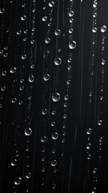 纯黑色背景上布满垂直流淌的雨水痕迹和大小不一、晶莹剔透的水滴，水滴表面有细腻的高光反射，整体呈现出极简、干净的视觉效果，适合用作背景素材，雨元素自然分布，画面简洁纯粹，无任何多余装饰或文字。预览效果