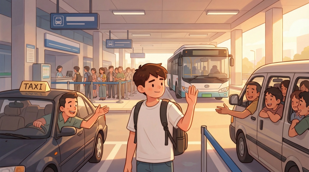温馨卡通风格，和之前相同的年轻男性，在正规客运站场排队，拒绝旁边招手的黑车和超员车，画面无文字预览效果