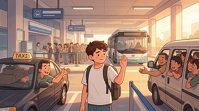 温馨卡通风格，和之前相同的年轻男性，在正规客运站场排队，拒绝旁边招手的黑车和超员车，画面无文字