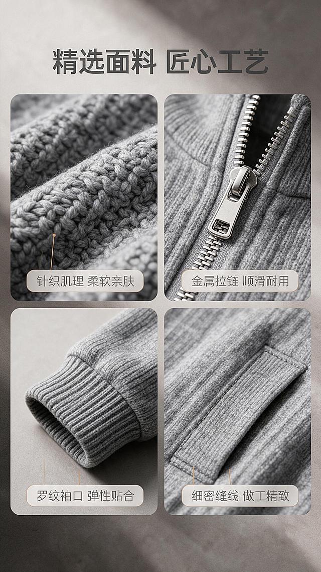 [商品] 使用【图1】男士灰色立领针织拉链开衫；商品处理：保留立领、金属拉链、插肩袖、口袋、罗纹下摆、罗纹袖口、灰色针织肌理和整体版型；自然去除衣身杂乱褶皱，理顺垂坠，增强针织纹理、缝线、拉链五金质感，不改变版型和结构。
[画面] 目标：面料细节页，微距展示针织肌理与工艺质感。构图：2×2宫格布局，左上针织面料微距、右上拉链五金特写、左下袖口罗纹细节、右下口袋缝线细节，中间上方留白放标题。景别：特写微距。前中后景：前景面料纹理细节，中景各部位特写，后景浅暖灰柔和背景。整体氛围：质感细腻，工艺精良。
[视觉] 套系策略：风格=高级商业摄影质感；标题字=现代无衬线粗体；正文字=简洁无衬线体；主色=高级灰；背景延展=基于暖灰色做深浅层级、同色渐变和细腻织物/哑光墙面质感；强调色=暖驼色，仅用于小面积图标、引线和标签；标题色=深炭灰；正文色=中暖灰；组件=圆角浅底信息卡、细线引线；光影=左前侧暖柔光，柔和阴影。
[文字] 顶部主标题「精选面料 匠心工艺」，每个宫格下方配短标签：「针织肌理 柔软亲肤」「金属拉链 顺滑耐用」「罗纹袖口 弹性贴合」「细密缝线 做工精致」。文字横向排版，字号适中。
[规格] 图片比例9:16竖版，分辨率2K，避免变形、错字、文字过小、冷蓝背景、衣服颜色改变、版型失真、白底孤立。
