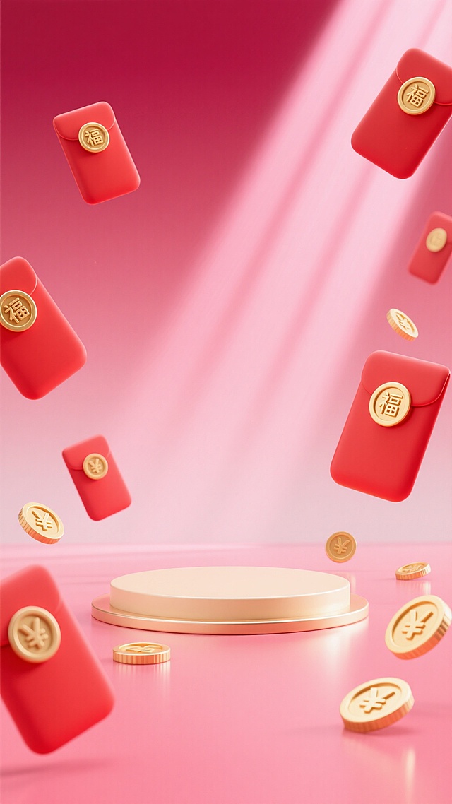 电商背景，3D渲染风格，整体以渐变的粉红色和桃红色为主色调，顶部颜色较深，底部中央为明亮的高光区域，营造出温暖、喜庆且充满活力的氛围。画面中央有一个浅色的圆形展示台，表面光滑有反光。展示台周围散落着数枚金色的带有“¥”符号的硬币，硬币具有金属质感和光泽。背景中有多个红色的红包，红包上有金色的圆形装饰和“福”字，红包呈现出悬浮状态，分布在画面的左上角、左下角、右下角以及上方两侧。背景中还有从顶部向中央汇聚的斜向光线，光线呈淡粉色，增强了空间感和立体感。整体构图简洁，视觉焦点集中在中央的展示台，适合作为电商促销活动的产品展示背景，传达出优惠、红包、省钱的电商主题。