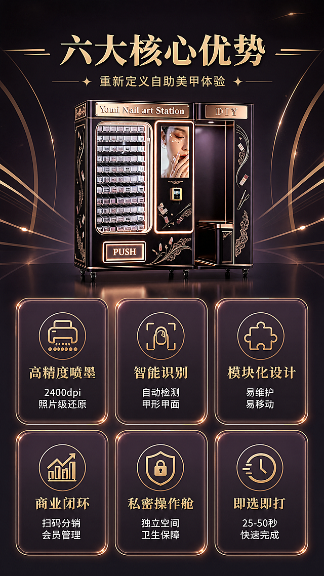 [第2屏] 详情页核心卖点总览-智能美甲自助终端6大优势展示。本屏使用【图1】作为产品主体参考，保持设备外观特征一致。
[氛围/风格] 轻奢科技风，深色高端质感，信息卡片式布局，商业设计感。
[元素布局] 设备缩小置于画面顶部中央，占比约30%，正面视角；下方分布6张圆角信息卡片，左右各3列对称排列，卡片带微发光边框；背景为深紫黑渐变底，点缀金色线条装饰和几何光效；设备外观、颜色、结构与输入图保持一致。
[光影质感] 顶部设备受均匀柔光照射，金属边有高光；卡片有轻微悬浮投影，整体光感精致，暗部有层次。
[配色色系] 全局底色 #2A1A2E 深紫黑；主色香槟金 #D4AF7A；辅助色白色正文、浅紫卡片底 #3A2A3E。
[视角构图] 正面平视，顶部设备总览 + 中部6卡卖点矩阵，阅读动线从上到下。
[文字版式] 顶部主标题「六大核心优势」，副标题「重新定义自助美甲体验」，金色粗体居中；6张卡片各配图标+标题+短句，分别为：1.「高精度喷墨」2400dpi照片级还原 2.「智能识别」自动检测甲形甲面 3.「模块化设计」易维护易移动 4.「商业闭环」扫码分销会员管理 5.「私密操作舱」独立空间卫生保障 6.「即选即打」25-50秒快速完成。卡片标题金色，正文白色，字号适中手机端可读。
[比例分辨率] 9:16竖版比例，4K分辨率，文字清晰可辨，高清画质。
[负向提示词] 设备变形，颜色偏差，文字错乱，文字过小，水印，卡片模糊，背景杂乱。