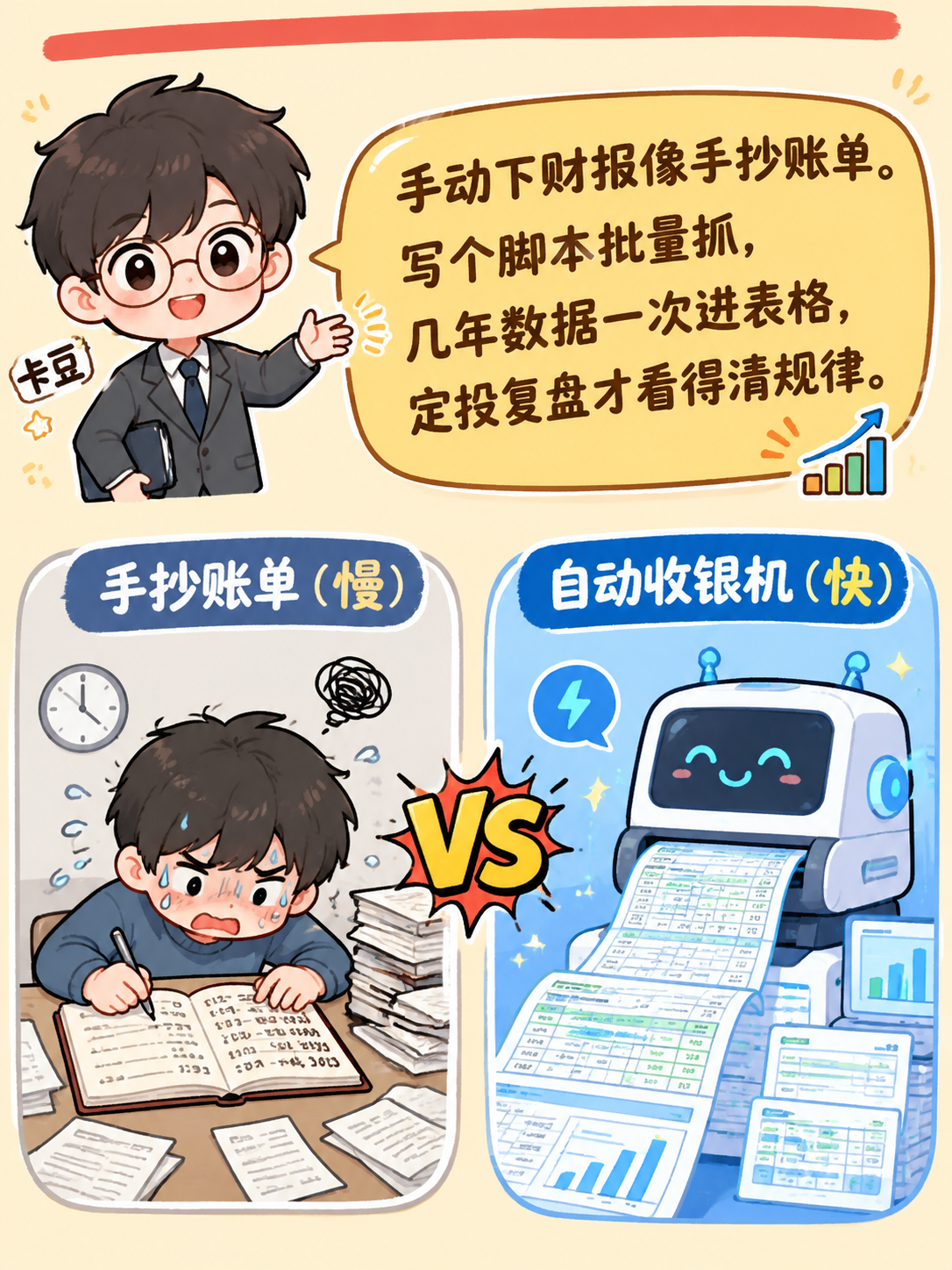 小红书竖版图文内页，Q版卡通风，米黄色背景。顶部有红色小横条装… - 图片创意预览