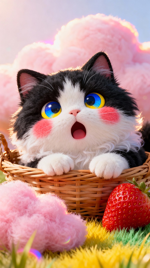 软3D风萌猫坐篮中，梦幻粉云与草莓点缀，毛发生长细节细腻，清新可爱，虚拟自然场景满溢童趣。