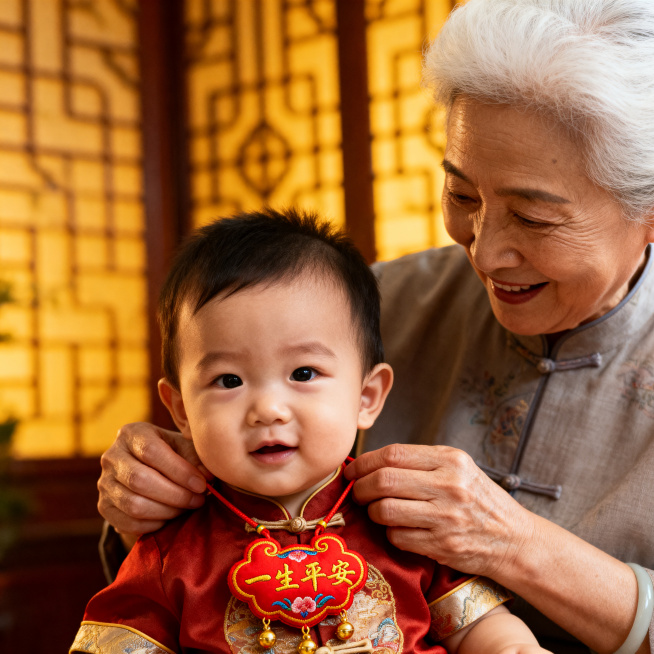 一位白发老奶奶神情慈祥温柔，双手轻轻的将这款红色刺绣"一生平安"百岁锁戴在稚嫩可爱的小孙孙脖子上，充满亲情的温馨暖光氛围，传统中式场景，高清温暖风格预览效果