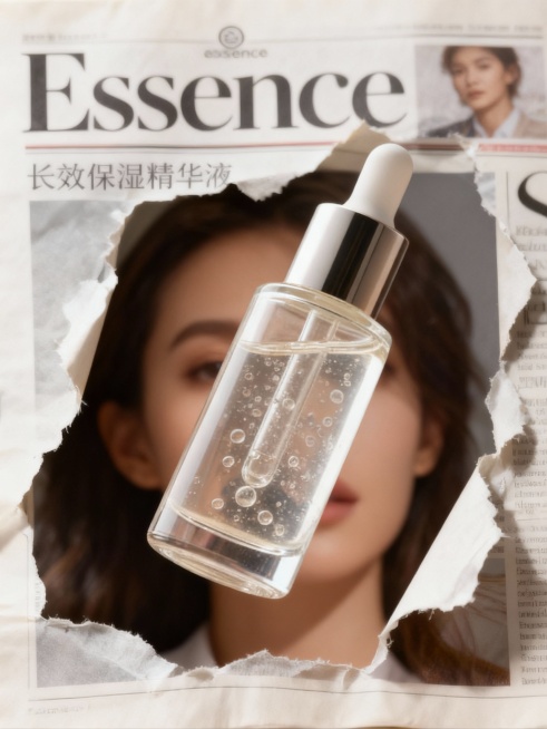 参考图中的商品撕开杂志的封面，从中探出，上方杂志标题“Essence”，下方小标题“长效保湿精华液”。预览效果
