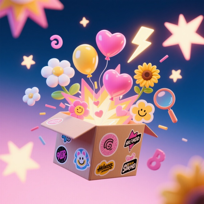 一个漂浮的纸盒，纸盒里面爆炸出（爱心，缤纷的粉色桃心，黄色心心、白色花朵形状的气球，放大镜，笑脸的花朵，向日葵，闪电）大元素，街头潮流感的贴纸贴在箱子上。周围漂浮着星星和爆炸的立体符号。局部动感朦胧，预览效果