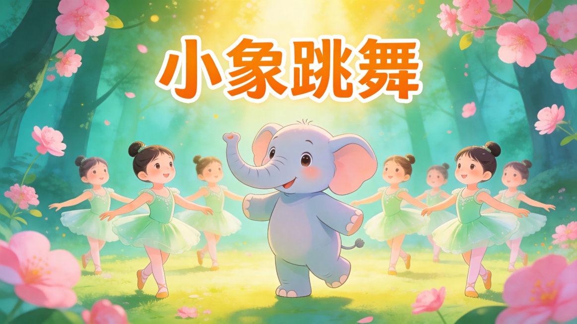 少儿舞蹈《小象跳舞》主题海报，画面上方有醒目标题文字"小象跳舞"，整体风格童趣梦幻，可爱卡通小象元素，一群小朋友穿着浅绿色舞蹈裙跳舞，背景是青绿色森林搭配粉色花朵，暖黄色柔光光晕，活泼欢快的氛围，整体预览效果