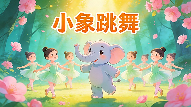 少儿舞蹈《小象跳舞》主题海报，画面上方有醒目标题文字"小象跳舞"，整体风格童趣梦幻，可爱卡通小象元素，一群小朋友穿着浅绿色舞蹈裙跳舞，背景是青绿色森林搭配粉色花朵，暖黄色柔光光晕，活泼欢快的氛围，整体构图饱满适合海报展示，分辨率4k，清晰明亮，画面比例16:9