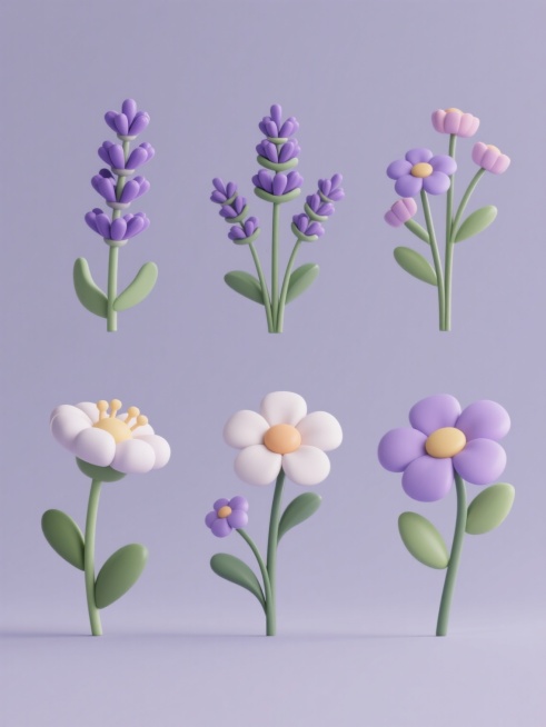 六个3D风格的花卉素材规整排布，包含薰衣草及其他不同品种的花，造型简约现代，纯色背景，无文字、无logo、无水印，花卉具有清晰的3D质感和细节，整体呈现出简洁、时尚的设计感。预览效果
