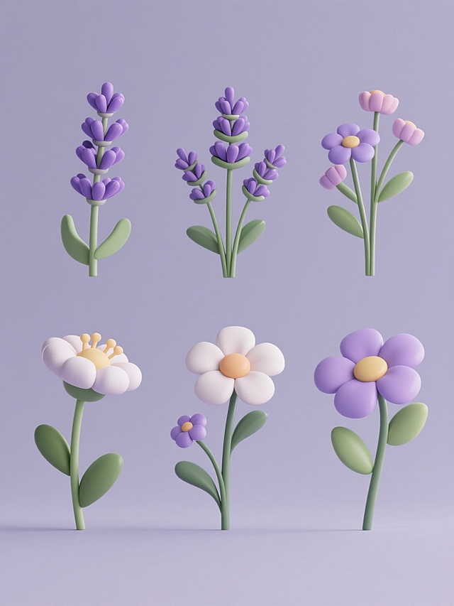 六个3D风格的花卉素材规整排布，包含薰衣草及其他不同品种的花，造型简约现代，纯色背景，无文字、无logo、无水印，花卉具有清晰的3D质感和细节，整体呈现出简洁、时尚的设计感。