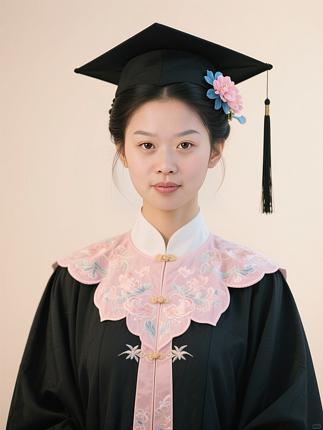 正面照，黑色古风垂挂髻，穿戴学士服学士帽，戴淡粉色刺绣云肩，学士帽旁边簪了粉蓝色的花，背景浅色，暖光