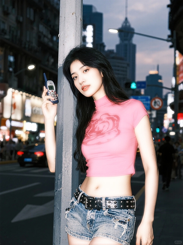 2000年的傍晚上海街头，繁华热闹，女生（玫红色修身印花短袖搭配低腰做旧牛仔短裤、铆钉腰带，千禧年配饰）靠在铁杆上，手拿小灵通电话。看镜头