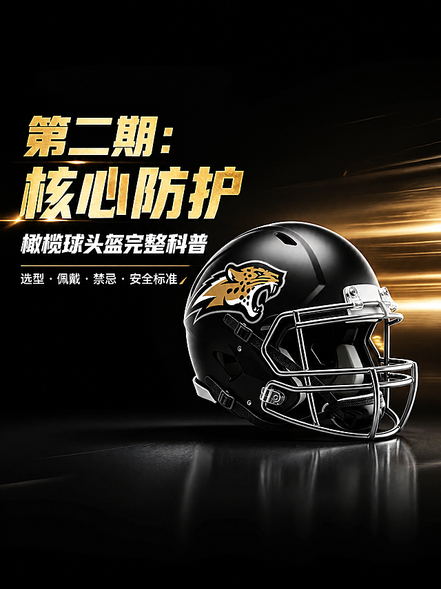 公众号头图banner，青少年橄榄球头盔科普主题。本张使用【图1】作为产品主体，黑色猎豹logo橄榄球头盔置于画面中央偏右，占比约50%。深邃黑色背景，右侧金色光线划过，硬朗运动科技感。左侧大标题区，主标题「第二期：核心防护」金色粗体大字，副标题「橄榄球头盔完整科普」白色大字，下方小字「选型 · 佩戴 · 禁忌 · 安全标准」。整体黑金配色，专业权威，运动硬核质感，商业摄影级光影，头盔金属面罩高光清晰。文字清晰可读，排版大气有冲击力。