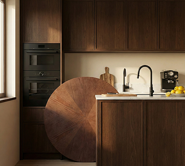 “超写实居家餐厅摄影，圆形桌面展示场景：主体家具：
圆形桌面：桌面哑光质感，
背景环境：
厨房区域：深棕木纹橱柜 + 黑色嵌入式电器，台面为白色石英石（摆放木质砧板、水龙头、黑胶咖啡机、黄色柠檬）；
光线与氛围：
光线： 柔和侧方自然光（明亮均匀，突出木材的清新质感）
色调：深棕 + 黑 + 米黄的温馨实用风，突出餐桌 
视角：正面微俯角度（完整展示桌面形态与纹理），画面清晰展示材质细节，圆桌面的圆形那面是立起来的