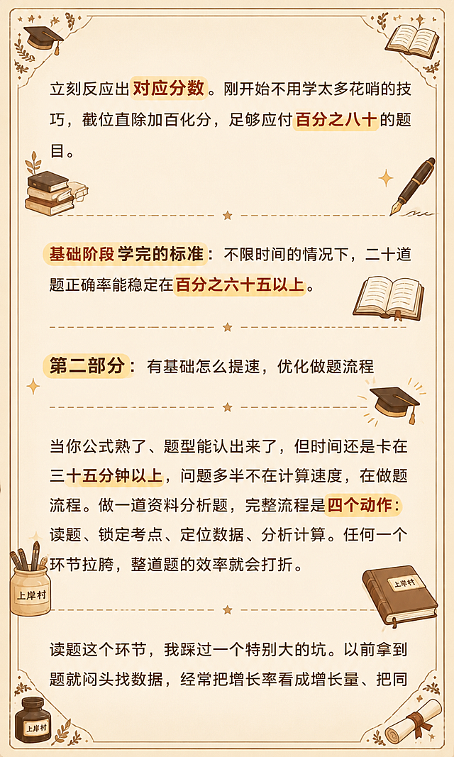 科普海报风格，增加上岸村元素（书本、钢笔、学士帽等考公上岸主题小装饰），保持画面整体不杂乱，保留所有文字内容，添加浅米色背景边框和角落装饰花纹，重点关键词保留高亮，不遮挡原文文字内容。画面整体为暖棕色调科普海报风格，四周有细边框，四个角落有小型上岸村装饰元素，文字清晰可读，版式精美，画面整洁不杂乱。画面中所有文字必须与参考图完全一致，不得改写、简化或编造。画面中所有数字必须精确渲染，不得出现错位、遗漏或编造的数字。