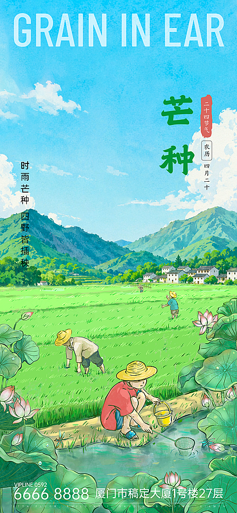 插画风水彩风芒种时节插秧手机全屏海报