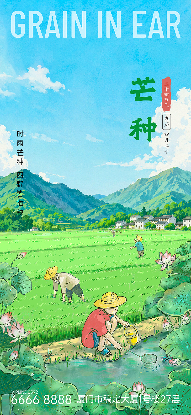 插画风水彩风芒种时节插秧手机全屏海报