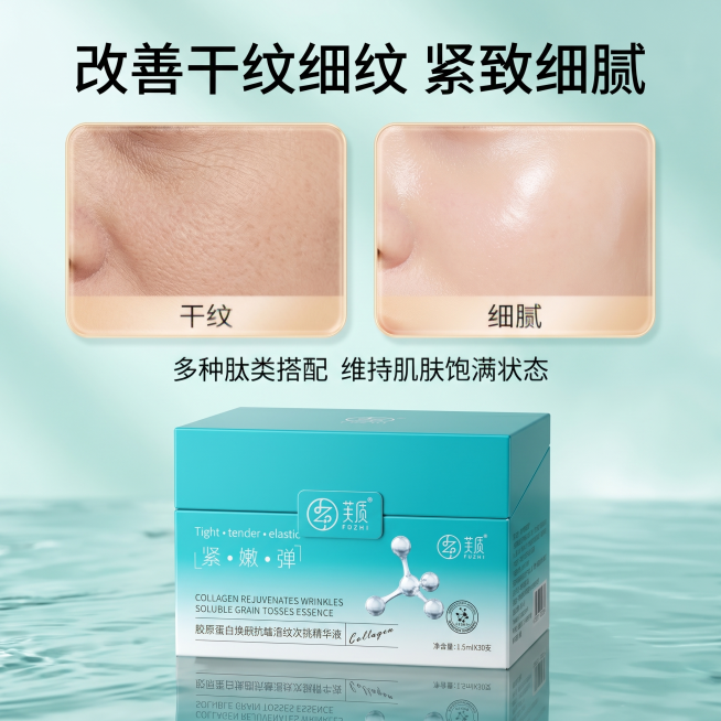 [主图 4] 胶原蛋白次抛精华功效展示图，突出改善细纹紧致弹润
[氛围风格] 专业护肤功效风，温和通透
[画质] 商业摄影质感，细节清晰，画面干净高级
[元素] 产品放置在画面中下部位置，上方左右分两预览效果