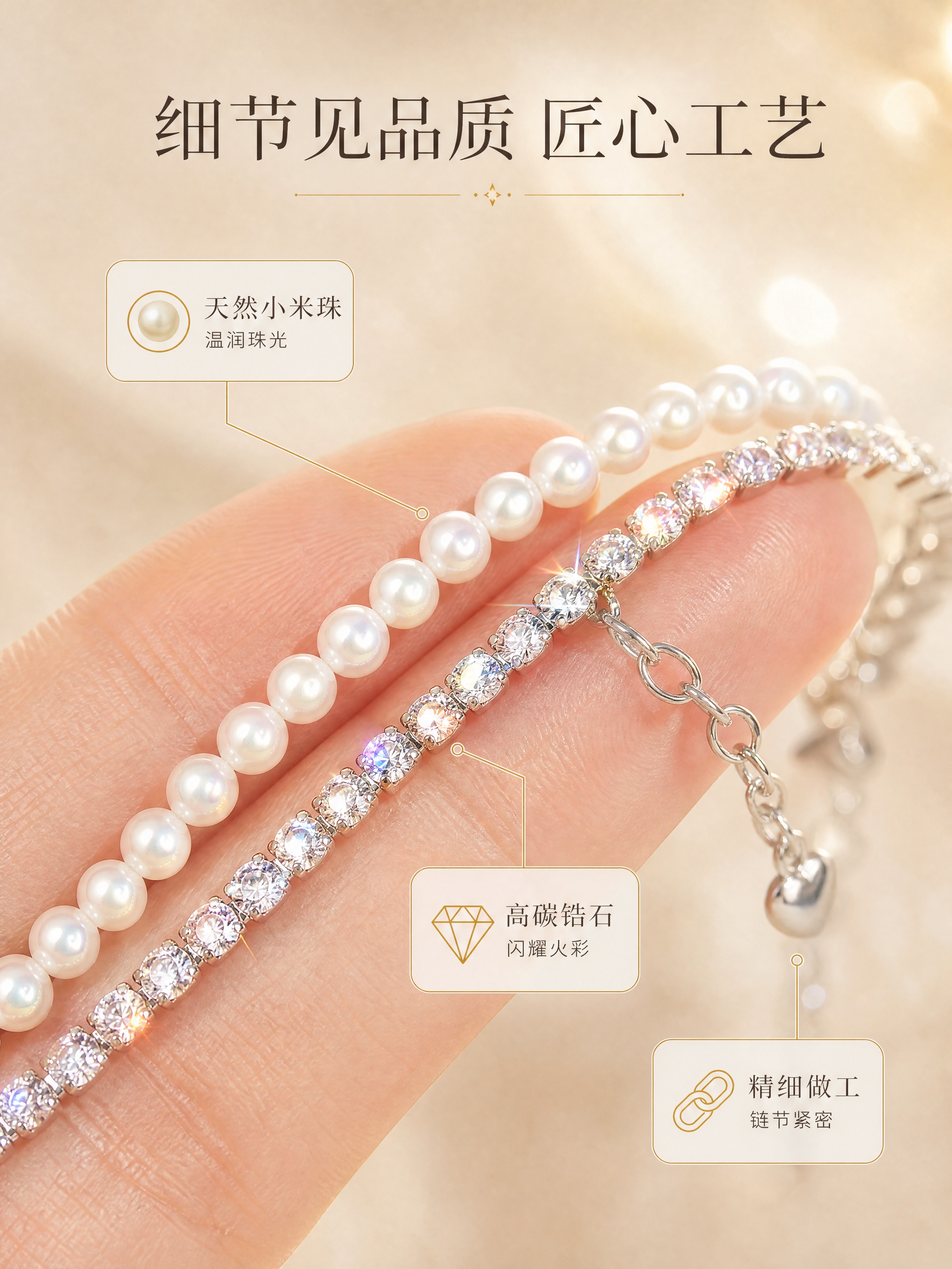 [商品] 使用【图2】珍珠锆石双层手链手持微距图；保留珍珠颗粒… - 图片创意预览