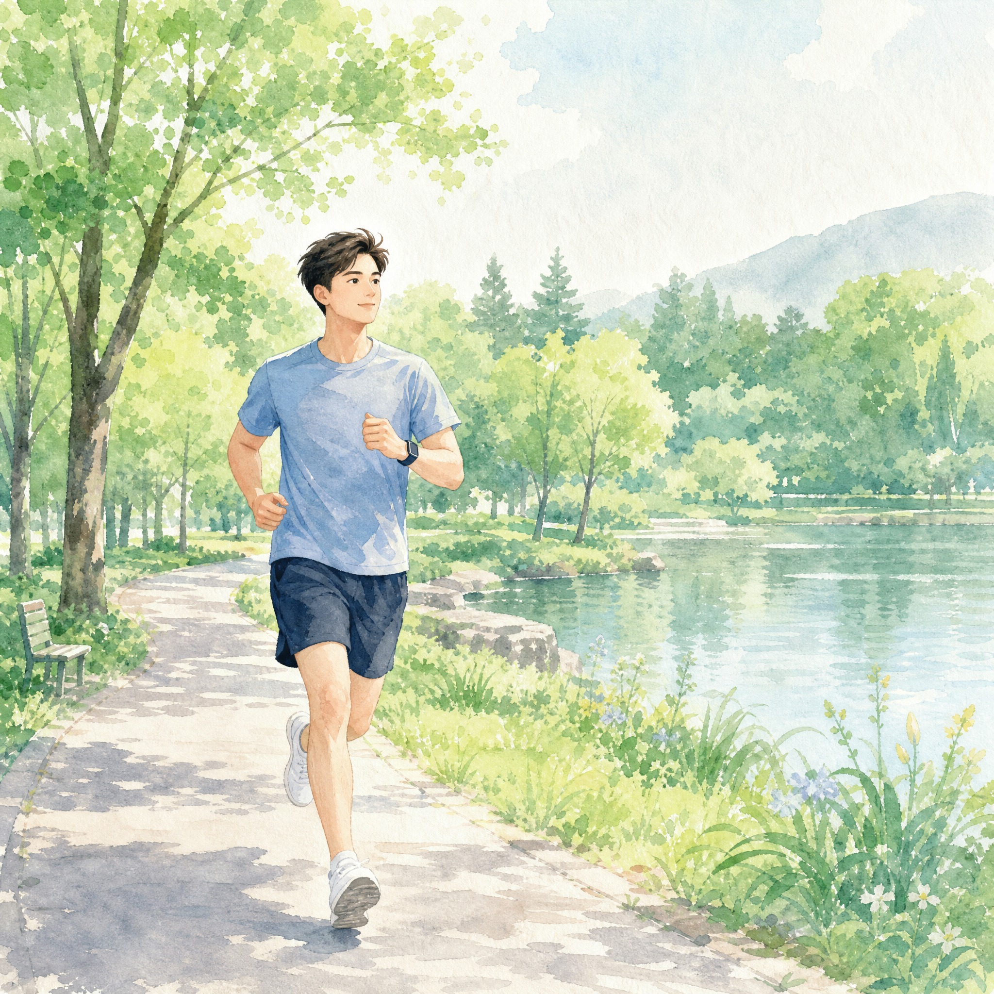 水彩手绘插画风格，一位年轻男士在公园步道上慢跑，身姿矫健健康，… - 图片创意预览
