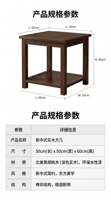 [第14屏] 规格参数展示-新中式方几基础信息呈现。本屏使用【图4】作为主体参考。
[氛围/风格] 简约信息展示，清晰直观，专业参数排版。
[元素布局] 上半部分展示方几侧视图，下半部分为参数表格，产预览效果