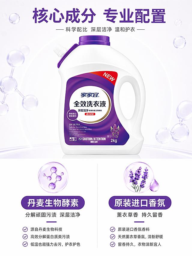 [第3屏] 核心成分解析，讲解生物酵素和进口香氛优势。本屏使用【图1】产品作为主体。
[氛围/风格] 专业可信成分解析风，干净通透，科技感简约设计。
[元素布局] 产品位于画面上半部分，保持外观与原图一致；下半部分分两个模块讲解核心成分，每个模块配图标和说明文字；左侧模块讲解丹麦生物酵素，右侧模块讲解原装进口香氛香料，清晰展示核心优势。
[光影质感] 顶部柔光照明，产品清晰立体，模块区域均匀打光，信息展示清晰。
[配色色系] 全局底色 #FFFFFF，主色紫色模块标题，浅灰色分割线，整体简洁干净。
[视角构图] 上下分栏构图，上产品下信息，阅读动线清晰。
[文字版式] 顶部主标题「核心成分 专业配置」，左模块标题「丹麦生物酵素」说明文字「分解顽固污渍 深层洁净」，右模块标题「原装进口香氛」说明文字「薰衣草香 持久留香」；每个成分配简约图标，文字大小适中，移动端清晰可读。
[比例分辨率] 3:4 竖版比例，4K分辨率，文字清晰可辨，高清画质。
[负向提示词] 产品变形，成分虚构，文字错乱，颜色偏差，信息模糊