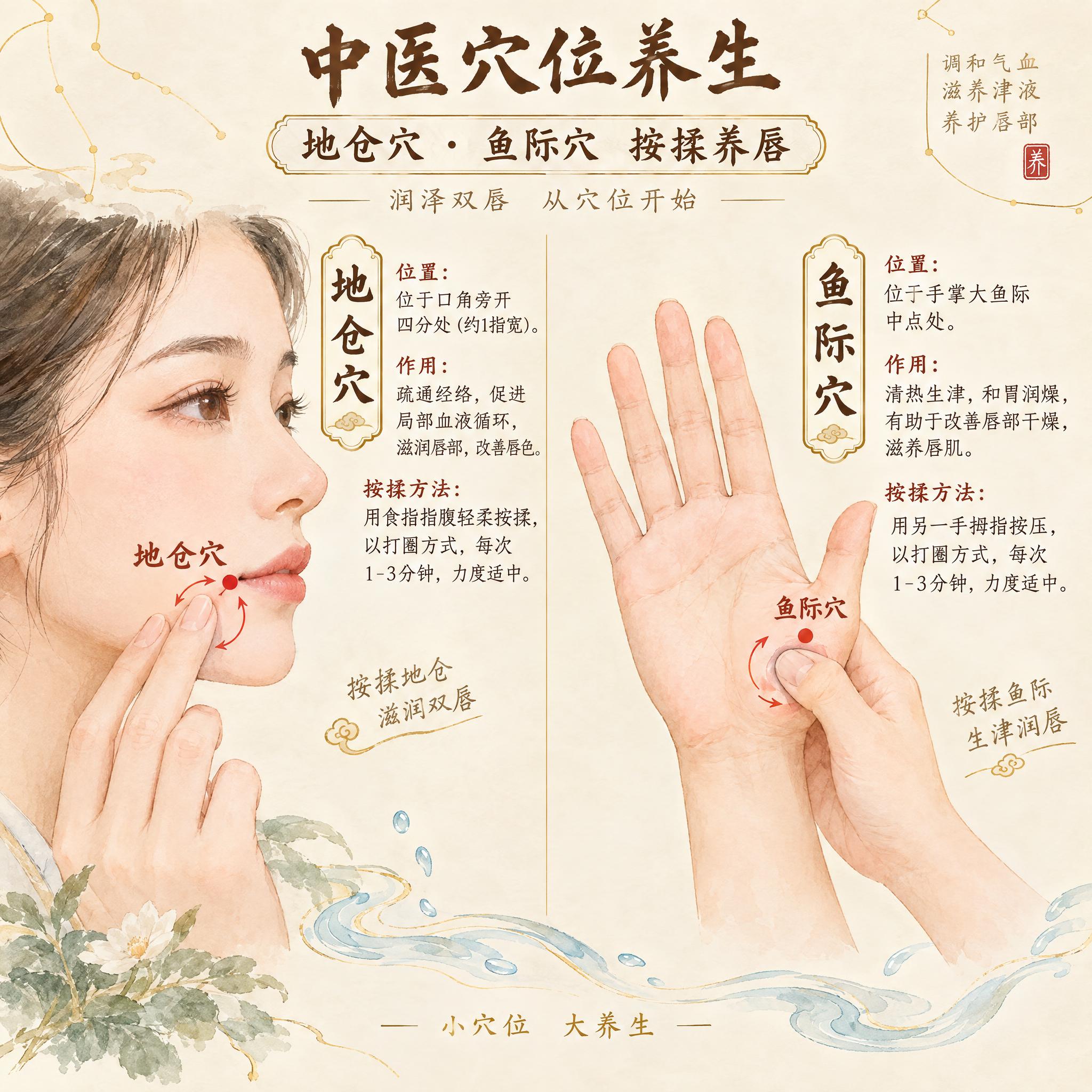 中医穴位养生插画，表现地仓穴和鱼际穴按揉养唇的主题。画面分为左… - 图片创意预览
