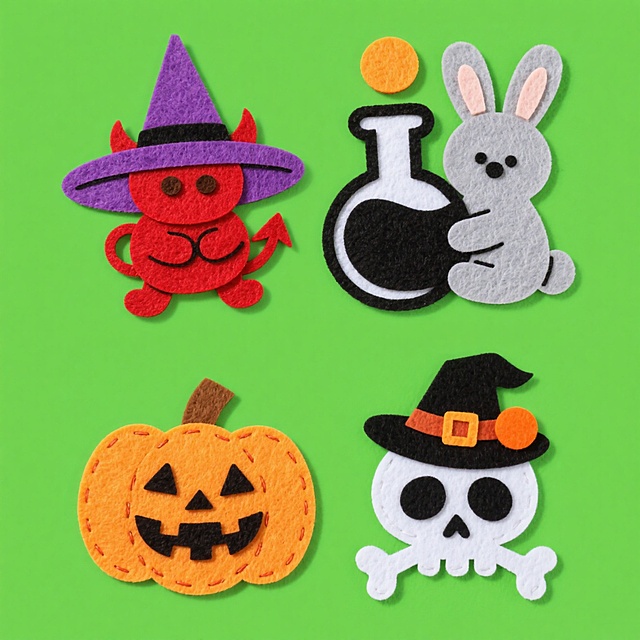 可爱感卡通风格，拟人化万圣节元素，拼贴风布艺设计，扁平化造型，面料质感突出，趣味十足的节日装饰。