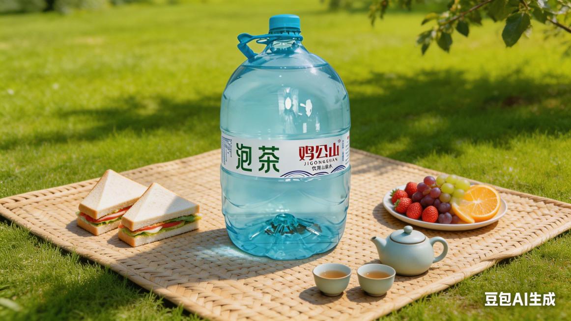 户外野餐泡茶场景，保持原鸡公山泡茶山泉水桶形状和标签文字不变，大水桶放置在原木野餐垫上，周围搭配三明治、水果盘和便携茶具，在郊外草坪上，树荫斑驳，阳光明媚，营造轻松惬意的户外休闲饮茶场景，产品自然融入预览效果