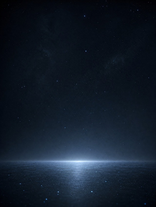 与参考图背景风格一致的科技感背景图，深蓝色到黑色的渐变星空背景，底部有微弱的反光地面效果，散布着细小的蓝色星光粒子，整体氛围高端科技感、深邃神秘，无任何文字和产品，纯背景图，适合作为手机测评类内容的下一页背景