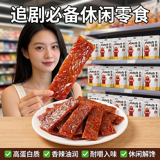 [主图 2] 鸡胸肉干辣条拼多多商超主图，细节展示版。盘中摆放多根鸡胸肉干辣条，模特手拿起一根辣条展示细节，背景超市货架延伸虚化，货架上整齐排列同款商品包装。保持产品包装外观颜色和辣条质感与原图一致，杜绝变形色差。香辣油润光泽突出，真实食欲感。商品主体占比约70%，画面满屏无边框。顶部大字主标题 "追剧必备休闲零食"，底部四个卖点图标横向排列：✅高蛋白质 ✅香辣油润 ✅耐嚼入味 ✅休闲解馋，文字清晰不遮挡主体，拼多多直白风格，商超氛围。光线明亮，商业摄影质感，2k分辨率1:1比例，超高清。负向提示词：变形，水印，文字错乱，产品模糊，背景杂乱，遮挡主体