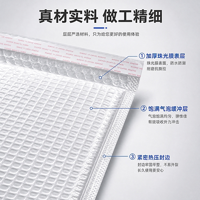 [主图-3] 材质细节与结构品质图，展示珠光膜气泡袋的材质工艺与做工细节，强化品质信任。
[统一基调] 淘宝/天猫风格，专业、品质、细节，整体干净通透；背景主色为浅灰渐变+柔和白色光晕；标题字色为深灰近黑，辅助字色为中灰，强调色为科技蓝；字体为无衬线粗体，字号层级分明；卡片与图标采用圆角细线风格，整体克制不花哨。
[画面] 画面采用微距特写+结构示意的组合方式；主体为气泡袋局部放大特写，占画面约55%，位于画面中下区域，展示袋身一角的细节：珠光膜表层细腻光泽、饱满的气泡颗粒、整齐的热压封边、顶部易撕封口的粘性条；用3条引线从产品不同部位引出标注：① 加厚珠光膜表层（指向袋身表面）② 饱满气泡缓冲层（指向气泡颗粒特写）③ 紧密热压封边（指向侧边封边）；背景为纯净浅灰，突出材质质感。
[光影质感] 微距商业摄影质感，侧逆光打亮气泡边缘，每个气泡颗粒都有清晰高光和阴影，立体感极强；珠光膜表面有细腻的珍珠光泽，封边处有热熔压合的纹理细节；整体质感高级，无廉价塑料感。
[配色] 背景浅灰渐变；产品保持银白色珠光膜质感；引线和标注文字用深灰，关键词用科技蓝高亮；配色与整套一致。
[文字版式] 画面顶部居中大标题「真材实料 做工精细」，字号最大；3处引线标注，每处有1个小标题+1行说明，文字简洁；标题字体加粗，标注文字字号较小；所有文字横排，不遮挡产品核心细节区域。
[输出要求] 1:1比例 1440x1440 72dpi；材质细节清晰；文字标注准确可读；禁止出现平台Logo、水印、错字、模糊；禁止气泡变形或结构错误；禁止凭空添加不存在的材质层。