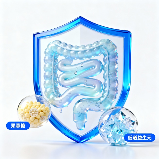 科技感健康科普插画，白色干净背景，主体是浅蓝色渐变透明质感的肠道状弯曲管道（带光泽、水滴及细微分子纹理），管道外包裹着亮蓝色盾牌造型边框（象征肠道保护）；管道旁有两个透明玻璃质感的球体：左侧球体装淡黄预览效果