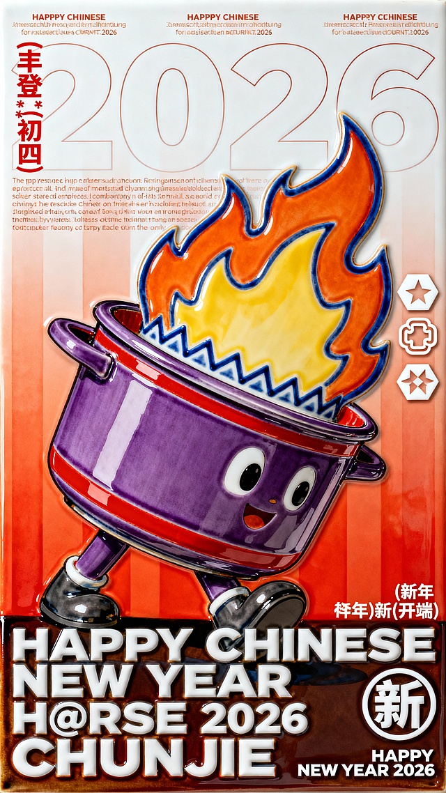 画面中央的主体是一个倾斜展示的拟人的高压锅角色（主体为紫色，表面装饰有红色的条纹）+橘色和黄色组成的火焰图形（边缘有一圈蓝色的锯齿线装饰）。画面右侧点缀着一些图形元素，包括一个白色的六角形符号、一个像回纹针一样的环形图标以及两个并排的四角星符号。画面底部占据近三分之一高度的是巨大的白色加粗无衬线英文字体，分为三行排列，分别是 “HAPPY CHINESE NEW YEAR”、“H@RSE 2026” 以及 “CHUNJIE”。画面左上角垂直排列着红色的汉字文案 “(丰登) * (初四)”。画面右下角有横向排列的白色文字 “(新年) 新 (开端)”，其中中间的 “新” 字被一个圆圈包围，右侧还带有 “HAPPY NEW YEAR 2026” 的小字。画面顶部有三列精细的英文排版，包含 “AICG DESIGN”、“Good luck Good health Good cheer”、“@2026” 等细节文字。画面中部左侧有一段长篇的英文介绍，背景中还隐约衬托着巨大的、仅有轮廓线的数字 “2026”。背景是一个从顶部的白色向底部的橙红色平滑过渡的竖向渐变色块。整体构图呈现出一种极简且富有高级感的节日海报布局。