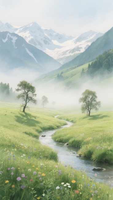 一片被晨雾笼罩的山谷草原，远处是覆盖着皑皑白雪的连绵山峦，近处是点缀着各色野花的青翠草甸，几棵形态各异的孤树伫立其间，山谷中蜿蜒着一条清澈的溪流，阳光透过薄雾洒在草地上形成斑驳的光影，空气中弥漫着湿润的青草气息，整体呈现出一种梦幻而宁静的水彩画风格，色彩柔和淡雅，笔触轻盈飘逸，构图采用对角线构图，增强画面的纵深感和流动感。预览效果