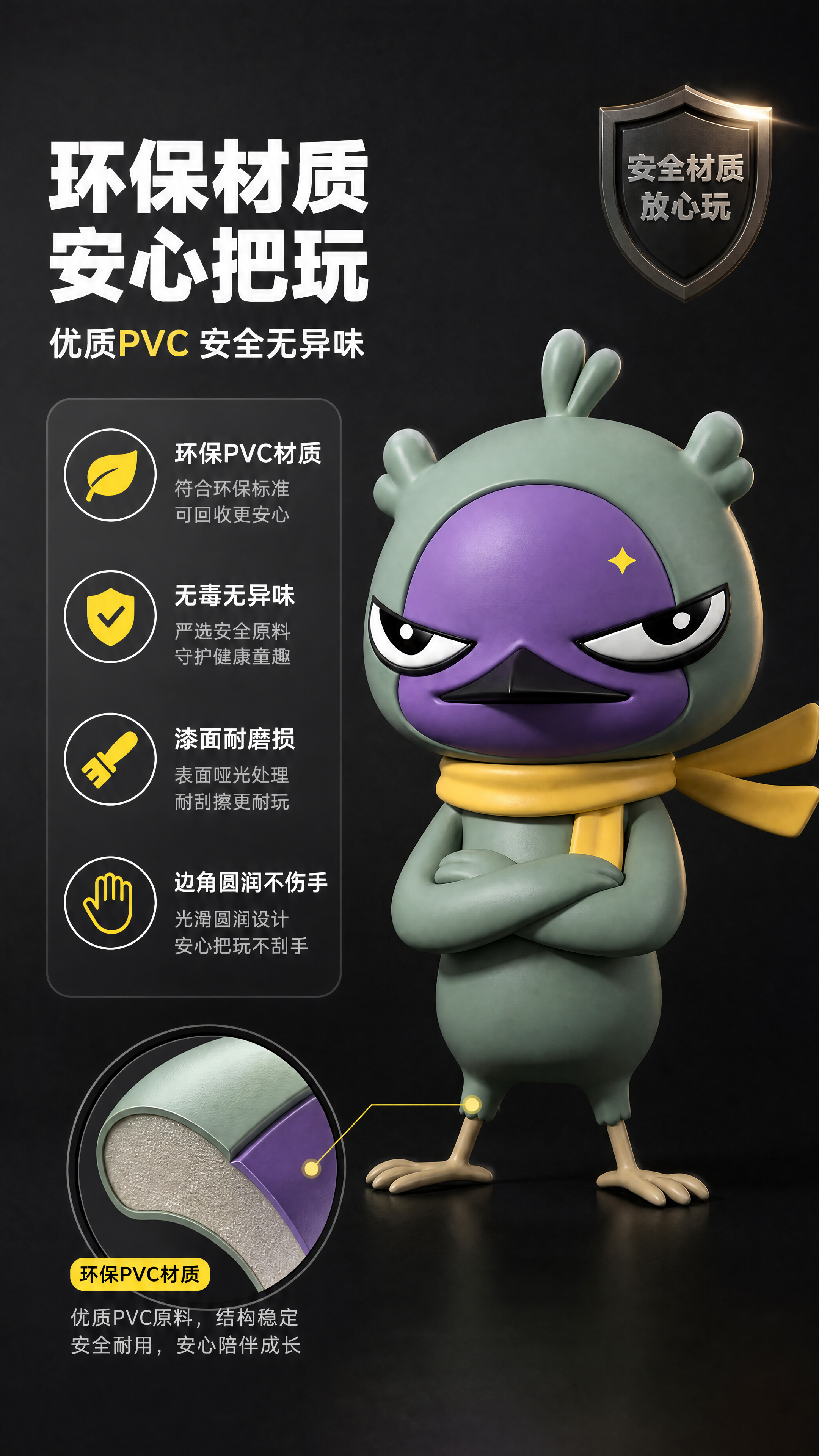 [商品] 使用【图1】酷拽小鸟潮玩手办；保留灰绿色身体、紫色面… - 图片创意预览