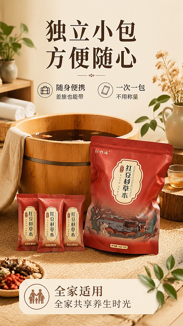 [第4屏] 使用便捷与适用场景展示屏-突出独立小包方便携带、全家适用卖点。本屏使用【图1】作为产品主体。
[氛围/风格] 温馨居家养生氛围，生活化真实场景，自然柔和质感。
[元素布局] 背景为干净的木质泡脚桶场景，泡脚桶旁斜放【图1】产品袋，前方展示3包独立小包装，排列整齐；保留产品包装外观与原图一致，真实还原独立分装设计。周围点缀绿植和干花装饰丰富场景。
[光影质感] 室内暖光照明，整体光线柔和均匀，阴影自然，营造温馨放松氛围。
[配色色系] 全局底色 #FDF6E9，主色暖木色，辅助色产品红、植草绿。
[视角构图] 中心构图，产品和独立小包为视觉中心，场景环绕突出使用场景。
[文字版式] 顶部主标题「独立小包 方便随心」，分两个信息点：「随身便携 差旅也能带」「一次一包 不用称量」，底部标注「全家适用 全家共享养生时光」，文字清晰排版舒适，不遮挡产品主体。
[比例分辨率] 9:16竖版比例，4K分辨率，文字清晰可辨，高清画质。
[负向提示词] 包装变形，文字错乱，场景杂乱，水印，颜色偏差。