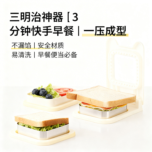 重新设计三明治制作神器主图，风格简约高级小清新，配色暖白+浅木色+浅黄（阳光感），主体居中留白充足，干净桌面背景，搭配吐司片与新鲜食材（生菜、番茄、蓝莓），无杂乱元素；突出卖点文字："三明治神器｜3 分钟快手早餐｜一压成型 不漏馅｜安全材质 易清洗｜早餐便当必备"，文字为马来西亚语，1:1比例