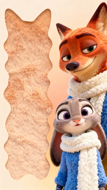 绒毛可以不规则的 可爱的，狐狸头要露全，狐狸和兔子穿的衣服、围巾都是蓝色、白色等暖色调毛茸茸的预览效果