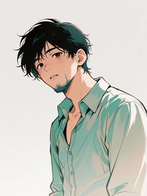 27岁男性，黑眼圈、胡茬、穿着皱巴巴的衬衫，气质颓废。预览效果