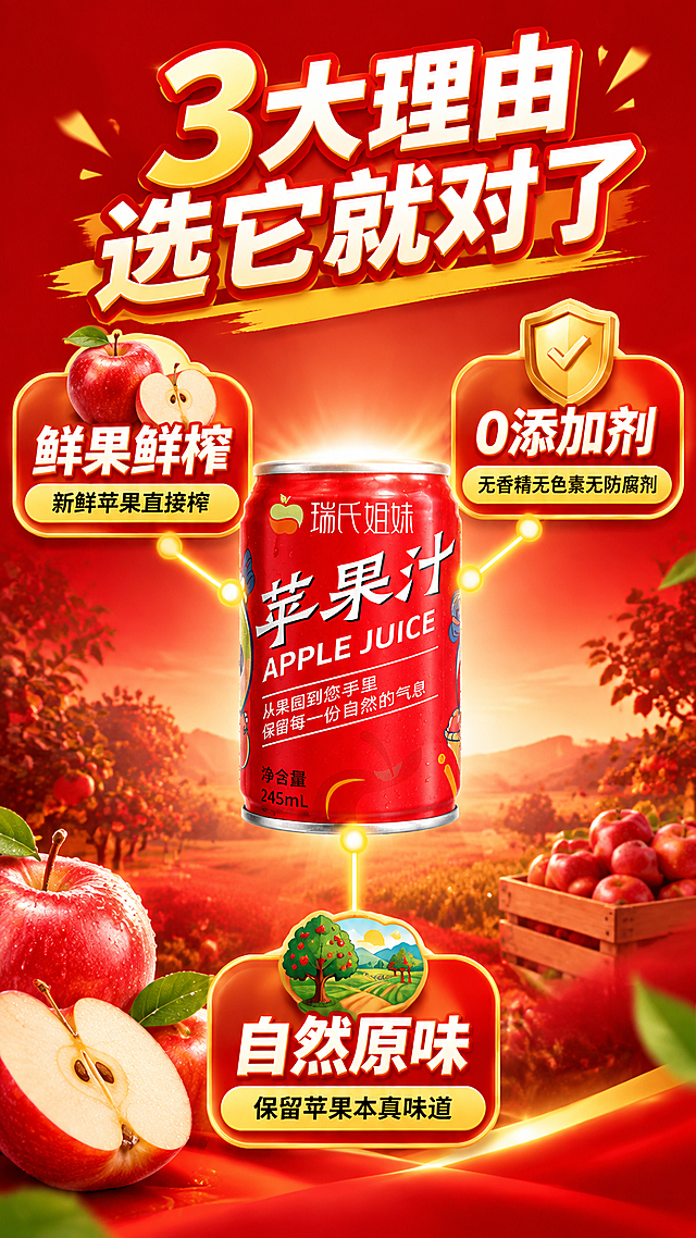 [商品] 使用【图1】瑞氏姐妹红色罐装苹果汁；保留罐体红色主色、银色罐口、"瑞氏姐妹"Logo与苹果图标、"苹果汁"大字、"APPLE JUICE"英文、净含量245mL字样，罐体结构比例不变。
[画面] 中心引线型卖点拆解页。单罐苹果汁竖放居中，占画面约40%，从罐体向四周引出3条粗线连接3个卖点卡片，呈三角形分布。左上卡片配苹果图标，右上卡片配盾牌图标，下方卡片配果园图标，背景为红色渐变+光晕效果。
[视觉] 套系策略：风格=拼多多大字报式食品商业摄影，高饱和度强对比；标题字=粗黑体厚重字；正文字=简洁黑体；主色=正红+苹果红；背景延展=基于正红做深浅渐变、光晕、果园剪影层次；强调色=金黄，用于小面积标签、图标、高光点缀；标题色=白色+金黄描边；正文色=白色/浅黄；组件=圆角红黄渐变信息卡、粗线条引线、爆炸贴标签；光影=正面偏上暖强光，产品高光明显，立体感强。
[文字] 顶部大标题"3大理由 选它就对了"。3个卖点卡片：1.左上"鲜果鲜榨"+小字"新鲜苹果直接榨"；2.右上"0添加剂"+小字"无香精无色素无防腐剂"；3.下方"自然原味"+小字"保留苹果本真味道"。文字全部横排，字号大，醒目易读。
[规格] 图片比例9:16竖版，4K，避免变形、错字、文字过小、冷蓝背景、罐体颜色改变、包装文字错乱、极限词。