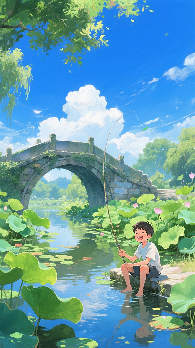 清新水彩风插画，男孩桥边垂钓，荷叶点缀，夏日悠闲时光。