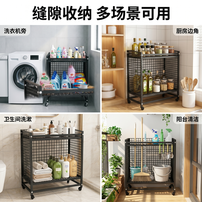 [主图 4] 洗衣机置物架多场景适用宫格展示图
[氛围风格] 统一温馨家居风，干净明亮
[画质] 商业摄影质感，清晰度高，拼接自然
[元素] 四宫格拼图展示置物架在不同场景的使用效果，分别为：1洗衣机预览效果