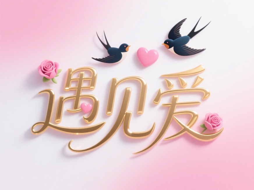 烫金文字"遇见爱"，线条流畅。创意字体设计点缀两只喜鹊、粉色爱心、玫瑰花元素，童趣活泼。粉白渐变背景，浪漫七夕氛围。预览效果