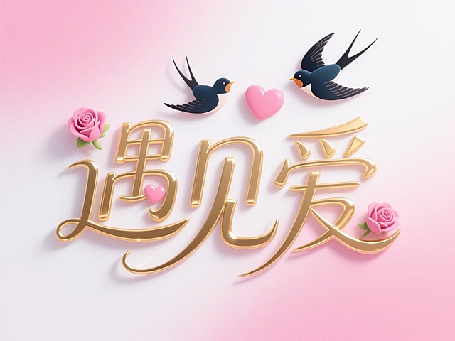 烫金文字"遇见爱"，线条流畅。创意字体设计点缀两只喜鹊、粉色爱心、玫瑰花元素，童趣活泼。粉白渐变背景，浪漫七夕氛围。